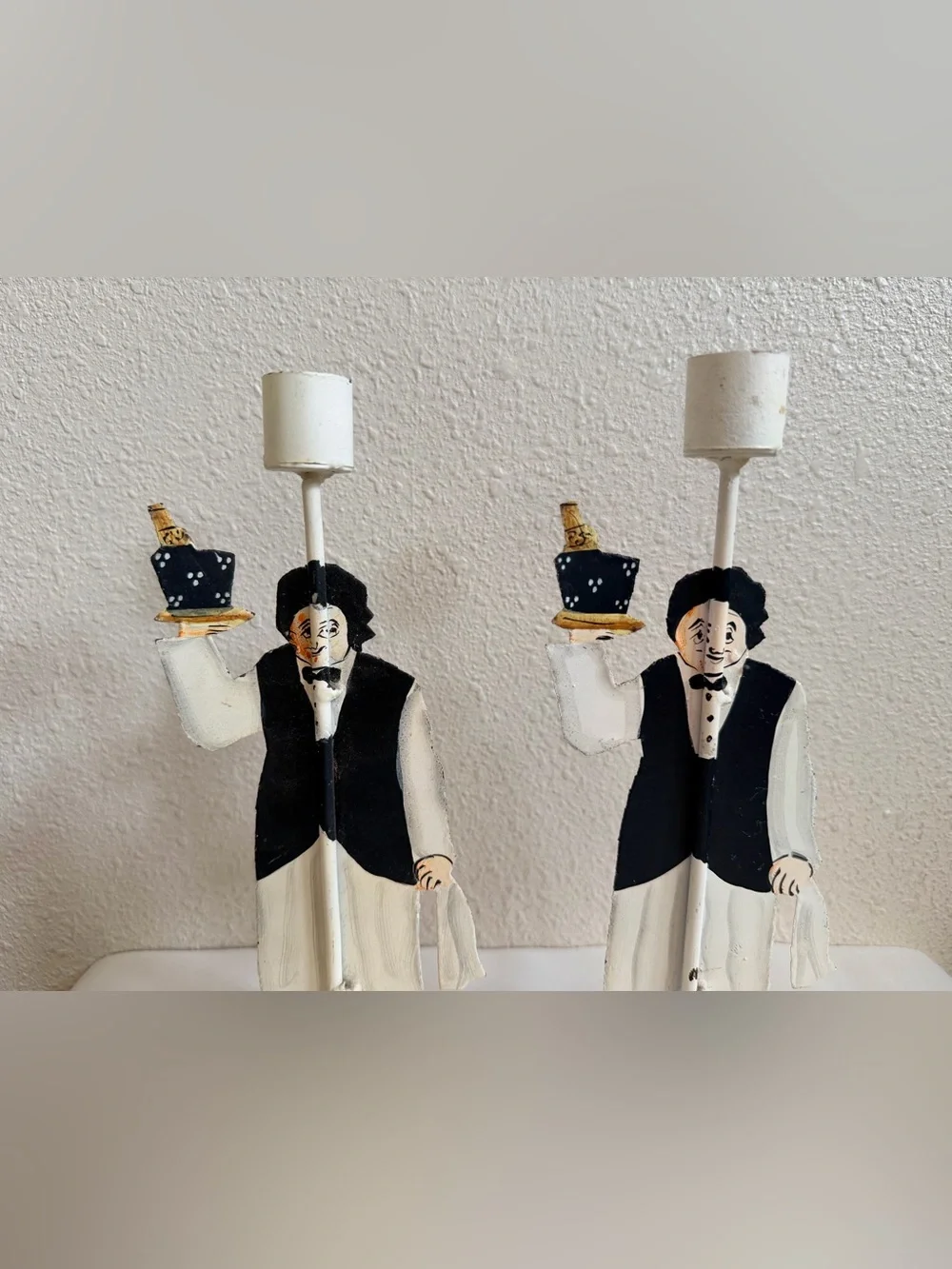 Vintage Pair Hand Painted Metal Waiter Figural Candle Holders French Butler MCM
